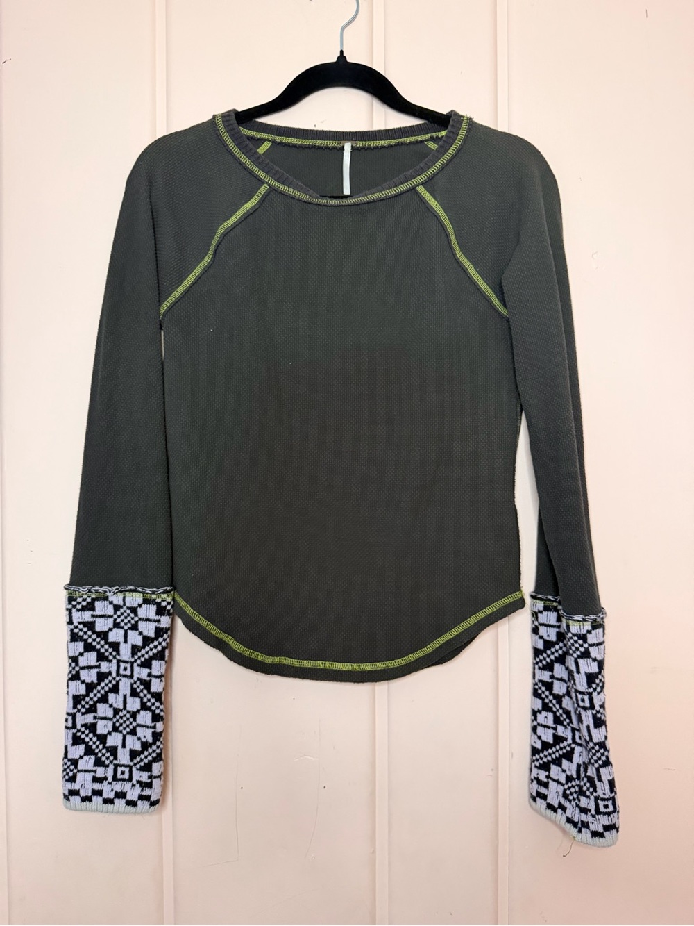 Free People Olive Green Long Sleeve Top with Patterned Cuffs SzL
